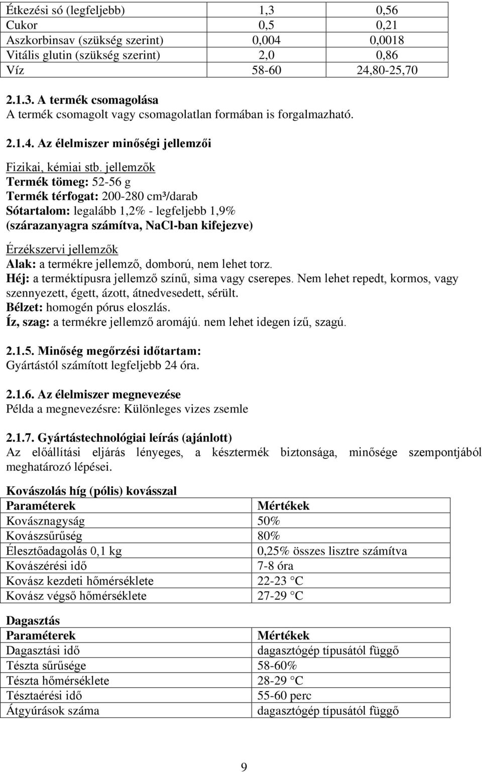 jellemzők Termék tömeg: 52-56 g Termék térfogat: 200-280 cm³/darab Sótartalom: legalább 1,2% - legfeljebb 1,9% (szárazanyagra számítva, NaCl-ban kifejezve) Érzékszervi jellemzők Alak: a termékre