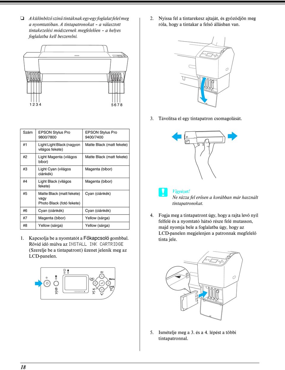 Szám EPSON Stylus Pro 9800/7800 #1 Light Light Black (nagyon világos fekete) #2 Light Magenta (világos bíbor) #3 Light Cyan (világos ciánkék) #4 Light Black (világos fekete) #5 Matte Black (matt
