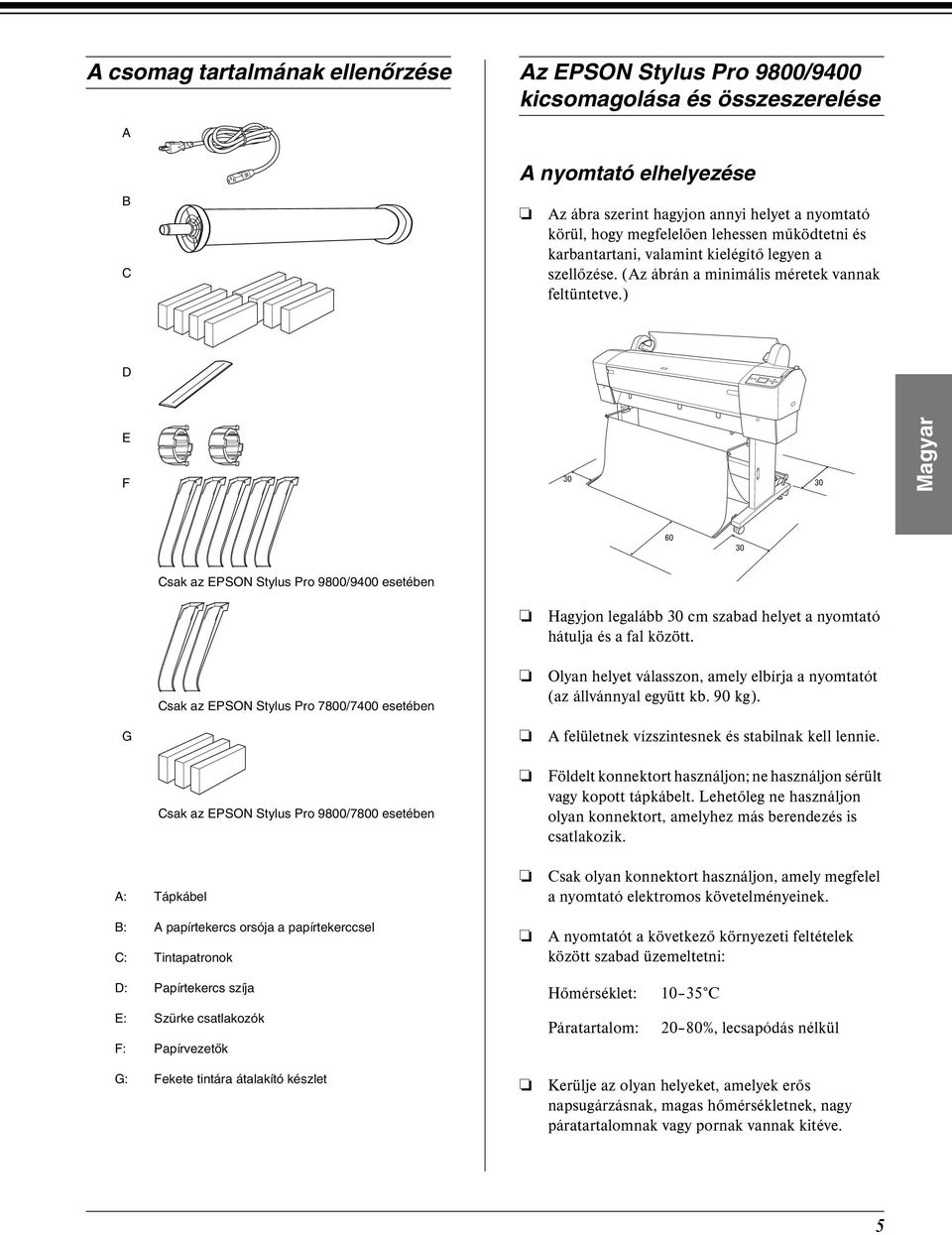 ) D E F Magyar Csak az EPSON Stylus Pro 9800/9400 esetében Csak az EPSON Stylus Pro 7800/7400 esetében Hagyjon legalább 30 cm szabad helyet a nyomtató hátulja és a fal között.