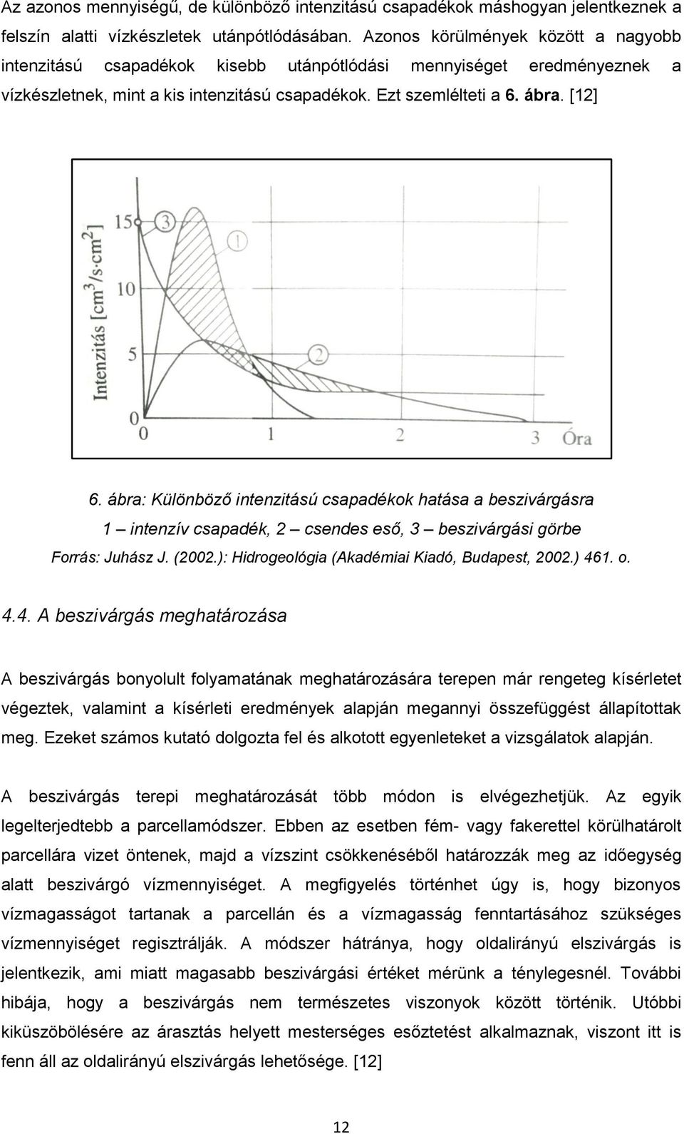 ábra: Különböző intenzitású csapadékok hatása a beszivárgásra 1 intenzív csapadék, 2 csendes eső, 3 beszivárgási görbe Forrás: Juhász J. (2002.): Hidrogeológia (Akadémiai Kiadó, Budapest, 2002.) 461.