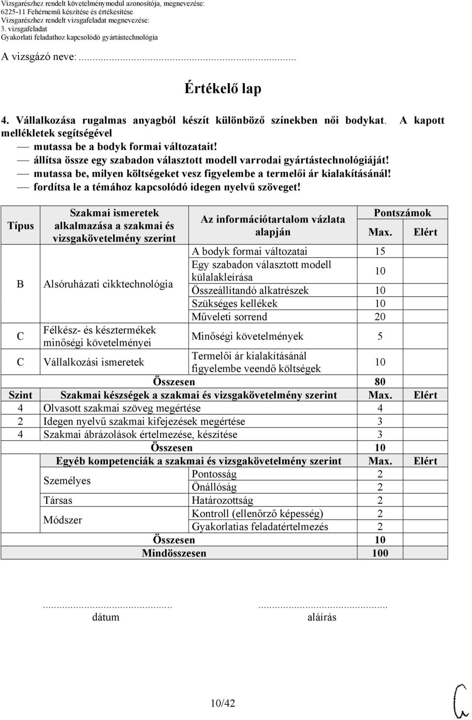 Típus B Szakmai ismeretek alkalmazása a szakmai és vizsgakövetelmény szerint Alsóruházati cikktechnológia Félkész- és késztermékek minőségi követelményei Az információtartalom vázlata alapján