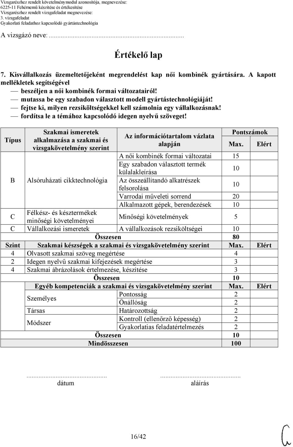 Típus B Szakmai ismeretek alkalmazása a szakmai és vizsgakövetelmény szerint Alsóruházati cikktechnológia Az információtartalom vázlata alapján Pontszámok Max.