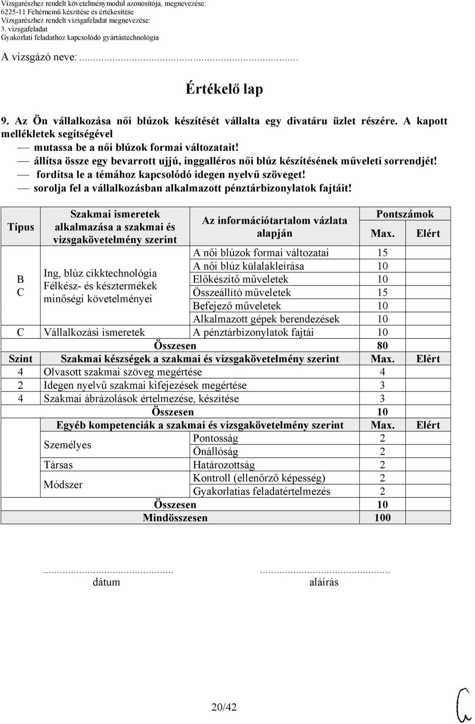 Típus B Szakmai ismeretek alkalmazása a szakmai és vizsgakövetelmény szerint Ing, blúz cikktechnológia Félkész- és késztermékek minőségi követelményei Az információtartalom vázlata alapján Pontszámok