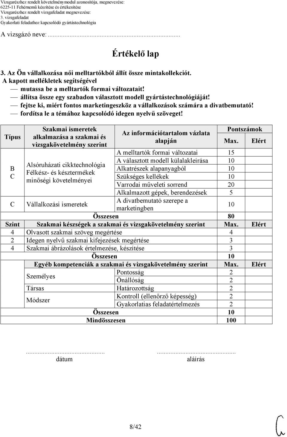 Típus B Szakmai ismeretek alkalmazása a szakmai és vizsgakövetelmény szerint Alsóruházati cikktechnológia Félkész- és késztermékek minőségi követelményei Vállalkozási ismeretek Az információtartalom