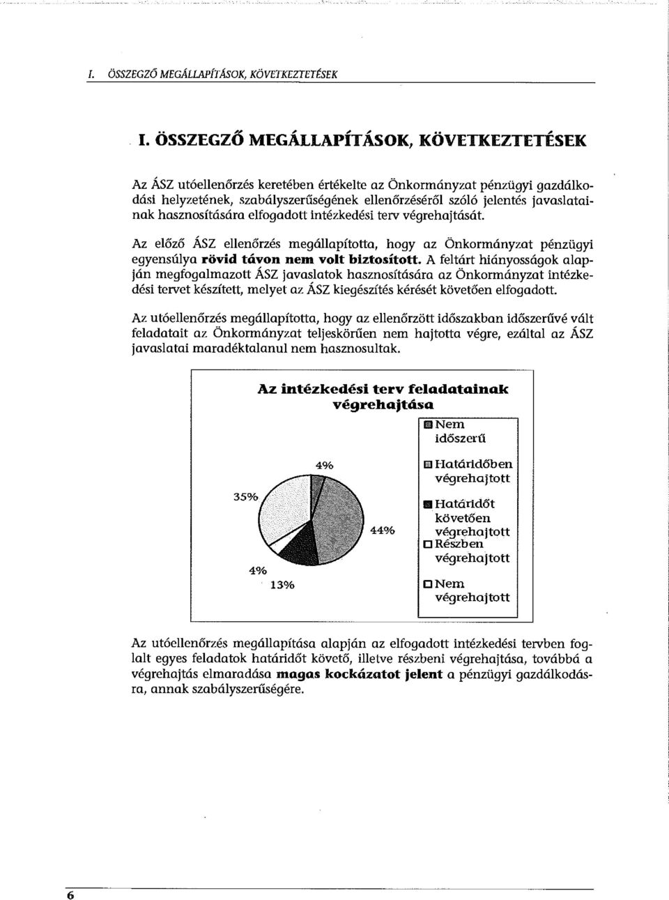 hasznosítására elfogadott intézkedési terv végrehajtását. Az előző ÁSZ ellenőrzés megállapította, hogy az Önkormányzat pénzügyi egyensúlya rövid távon nem volt biztosított.