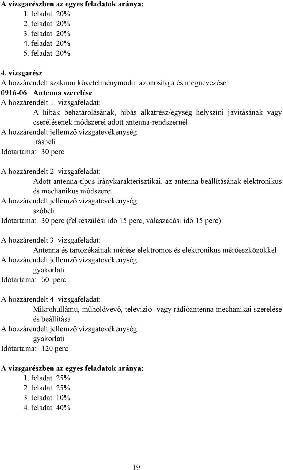 vizsgafeladat: A hibák behatárolásának, hibás alkatrész/egység helyszíni javításának vagy cserélésének módszerei adott antenna-rendszernél írásbeli Időtartama: 30 perc A hozzárendelt 2.