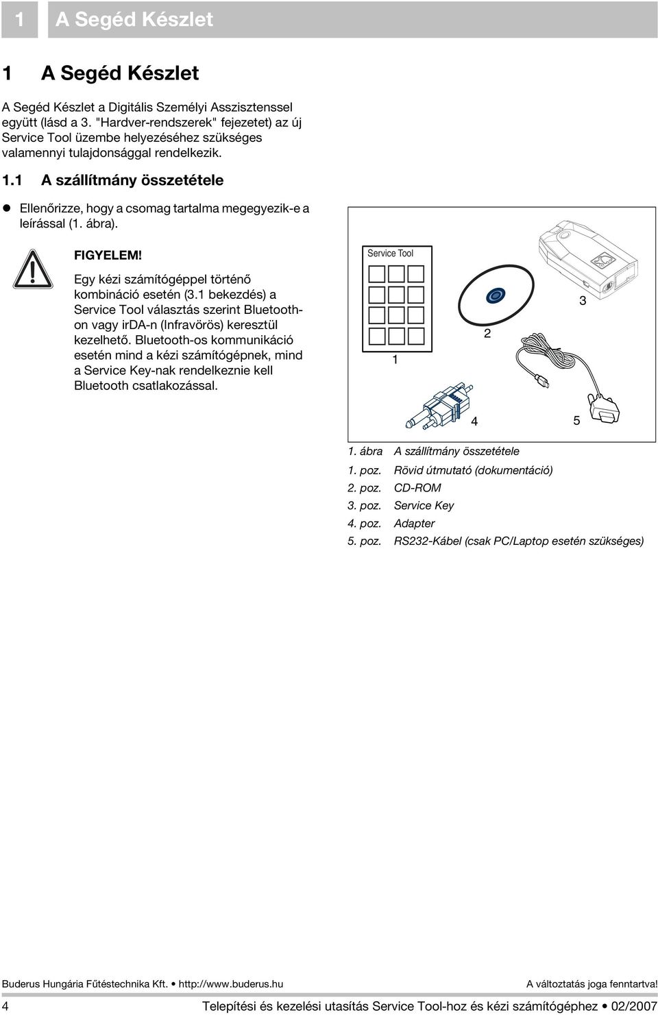 1 A szállítmány összetétele Ellenõrizze, hogy a csomag tartalma megegyezik-e a leírással (1. ábra). FIGYELEM! Service Tool Egy kézi számítógéppel történõ kombináció esetén (3.
