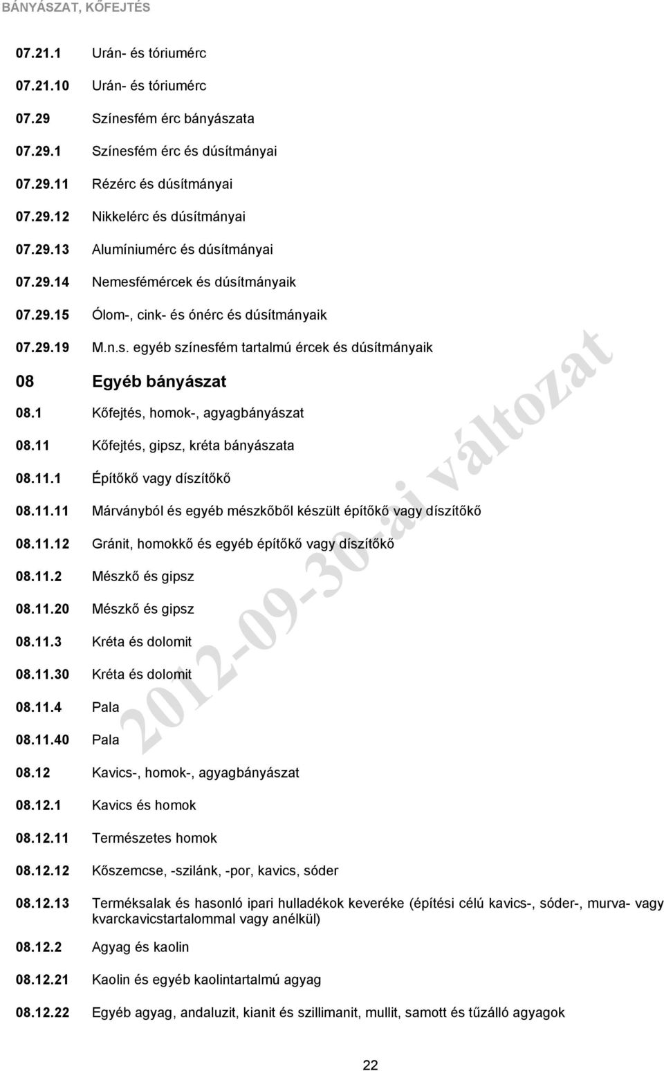 1 11 12 13 14 Urán- és tóriumérc Urán- és tóriumérc Színesfém érc bányászata Színesfém érc és dúsítmányai Rézérc és dúsítmányai Nikkelérc és dúsítmányai Alumíniumérc és dúsítmányai Nemesfémércek és