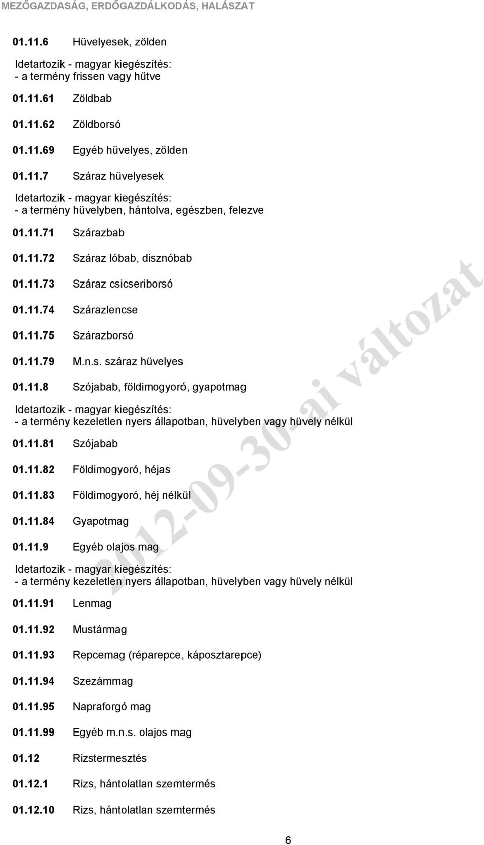 11.91 Száraz lóbab, disznóbab Száraz csicseriborsó Szárazlencse Szárazborsó M.n.s. száraz hüvelyes Szójabab, földimogyoró, gyapotmag Szójabab Földimogyoró, héjas Földimogyoró, héj nélkül Gyapotmag Egyéb olajos mag Lenmag 01.