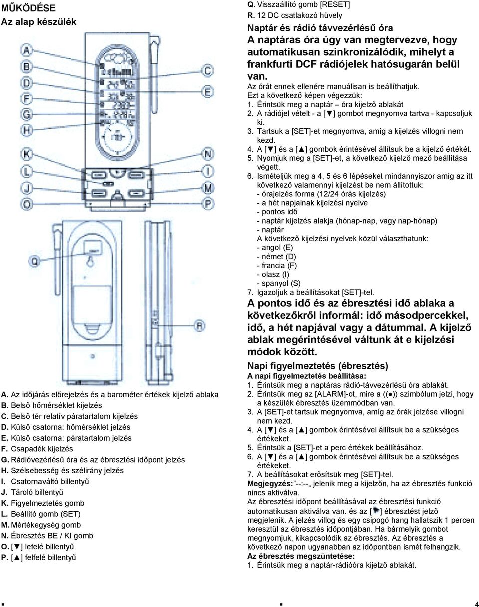 Csatornaváltó billentyű J. Tároló billentyű K. Figyelmeztetés gomb L. Beállító gomb (SET) M. Mértékegység gomb N. Ébresztés BE / KI gomb O. [ ] lefelé billentyű P. [ ] felfelé billentyű Q.