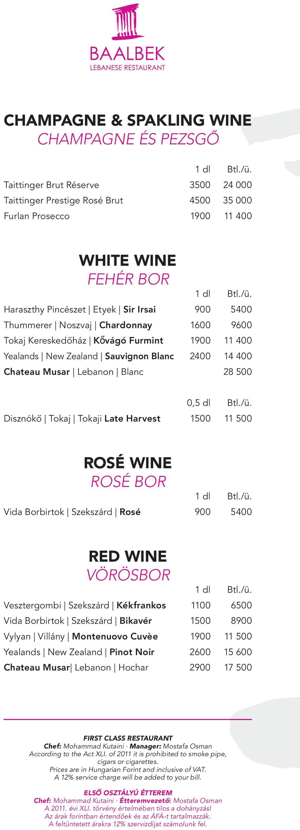 /ü. Disznókő Tokaj Tokaji Late Harvest 1500 11 500 ROSÉ WINE ROSÉ BOR Vida Borbirtok Szekszárd Rosé 900 5400 RED WINE VÖRÖSBOR Vesztergombi Szekszárd Kékfrankos 1100 6500 Vida Borbirtok Szekszárd