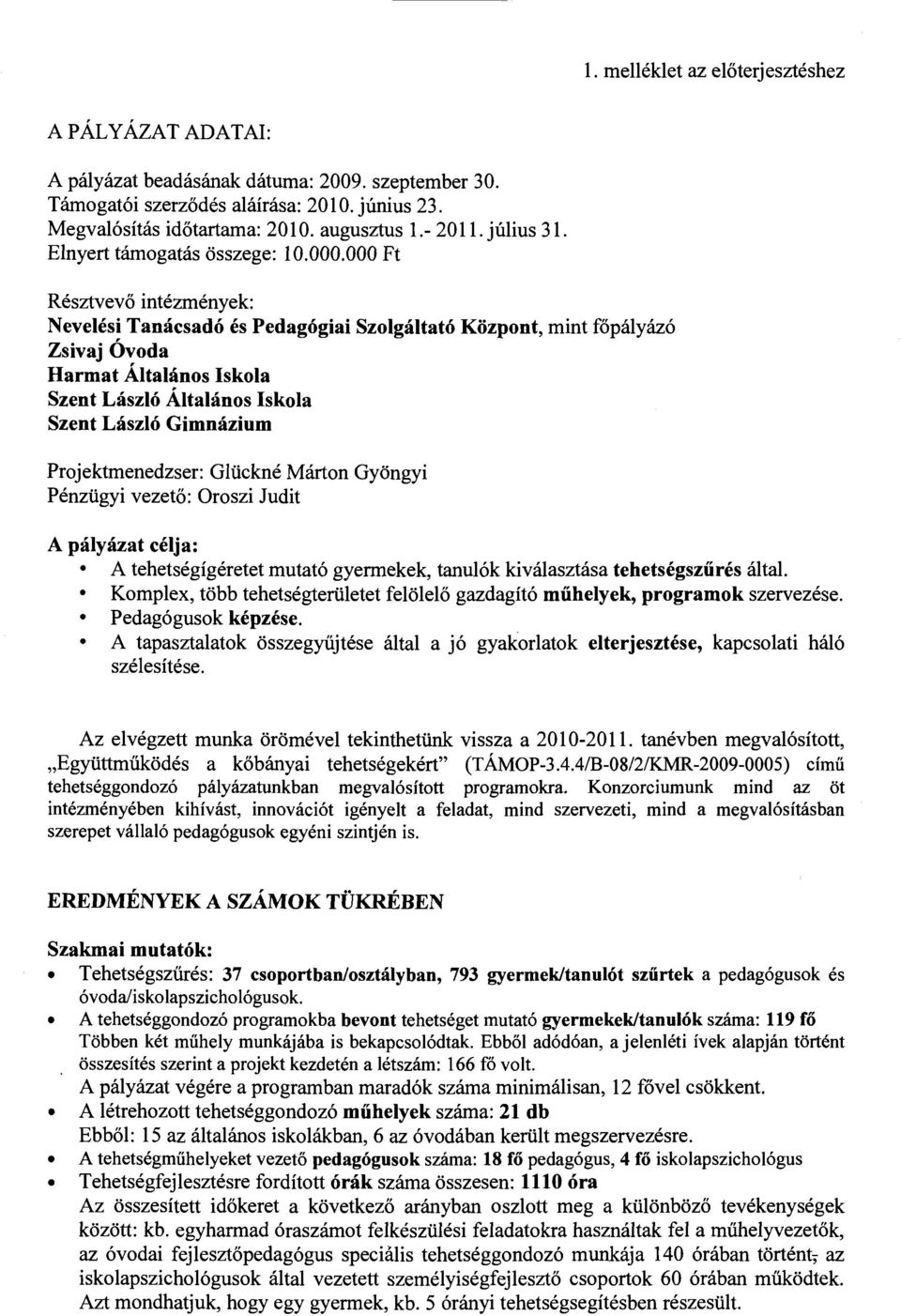 000 Ft Résztvevő intézmények: Nevelési Tanácsadó és Pedagógiai Szolgáltató Központ, mint főpályázó Zsivaj Óvoda Harmat Általános Iskola Szent László Általános Iskola Szent László Gimnázium