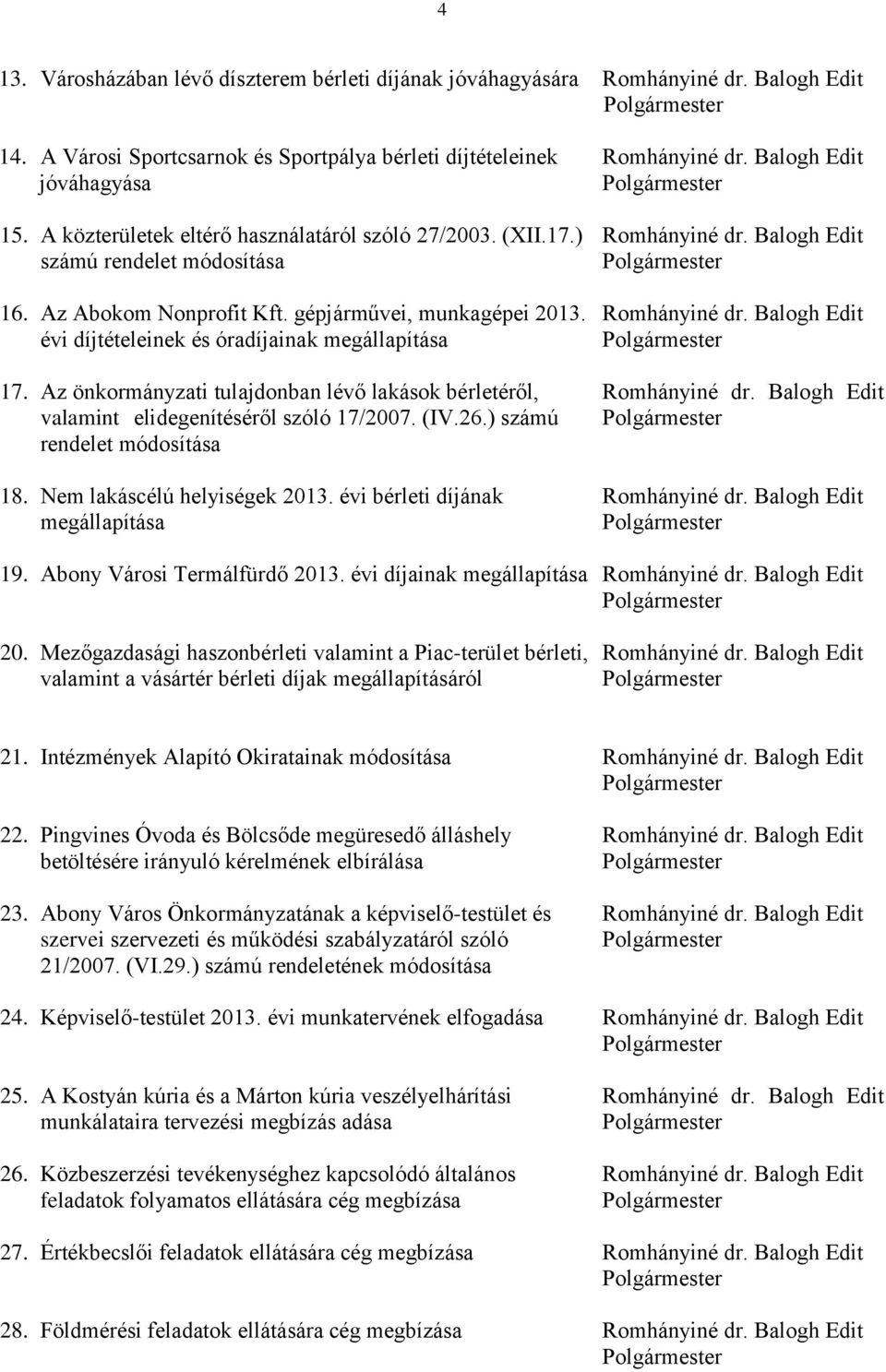 Az önkormányzati tulajdonban lévő lakások bérletéről, Romhányiné dr. Balogh Edit valamint elidegenítéséről szóló 17/2007. (IV.26.) számú rendelet módosítása 18. Nem lakáscélú helyiségek 2013.