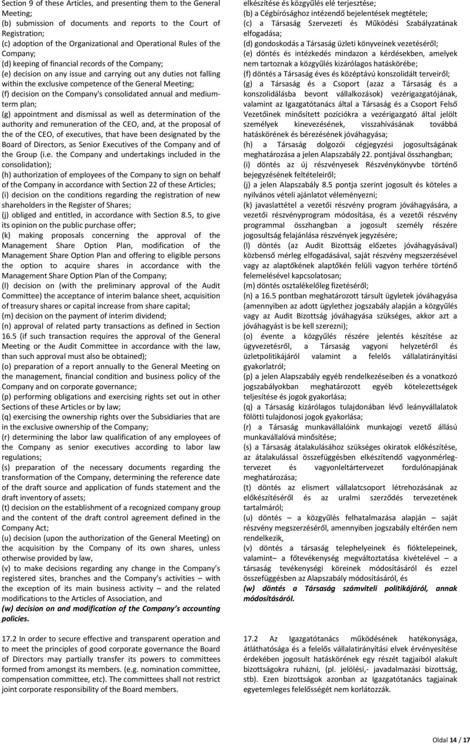 on the Company's consolidated annual and mediumterm plan; (g) appointment and dismissal as well as determination of the authority and remuneration of the CEO, and, at the proposal of the of the CEO,