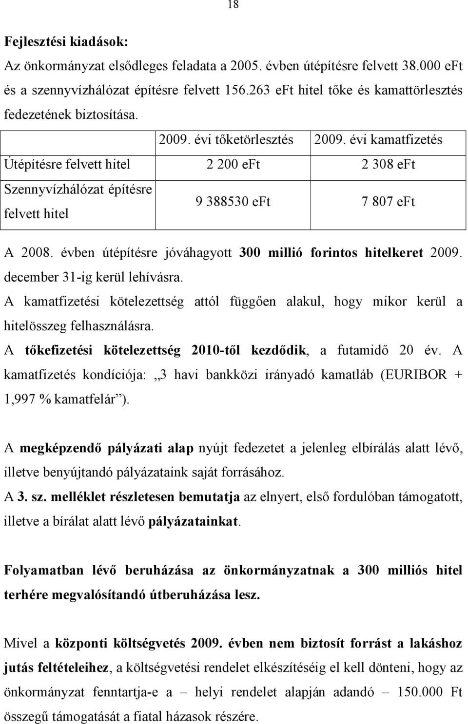 évi kamatfizetés Útépítésre felvett hitel 2 200 eft 2 308 eft Szennyvízhálózat építésre 9 388530 eft 7 807 eft felvett hitel A 2008. évben útépítésre jóváhagyott 300 millió forintos hitelkeret 2009.