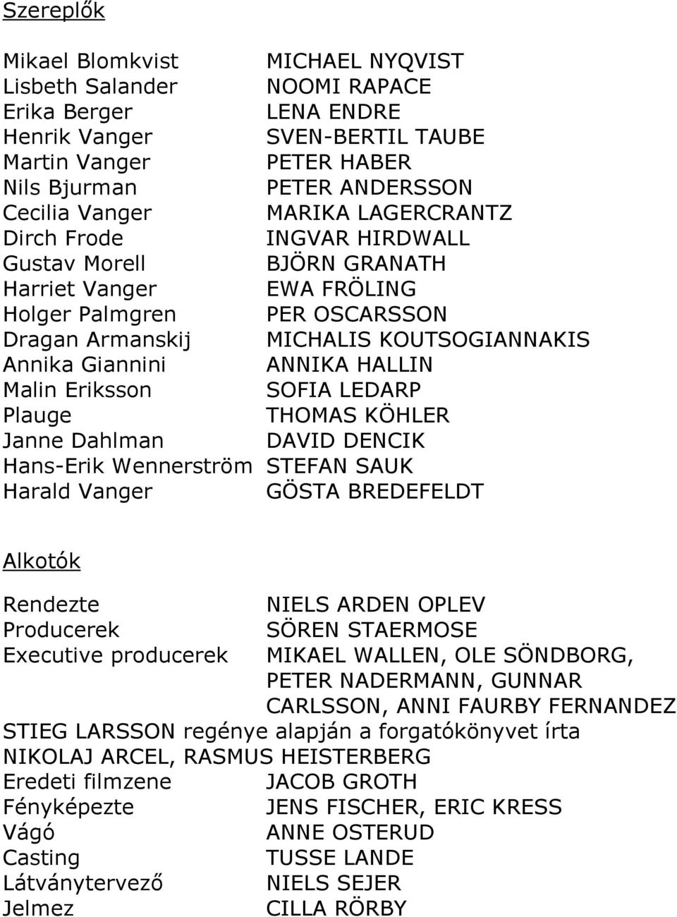 HALLIN Malin Eriksson SOFIA LEDARP Plauge THOMAS KÖHLER Janne Dahlman DAVID DENCIK Hans-Erik Wennerström STEFAN SAUK Harald Vanger GÖSTA BREDEFELDT Alkotók Rendezte NIELS ARDEN OPLEV Producerek SÖREN