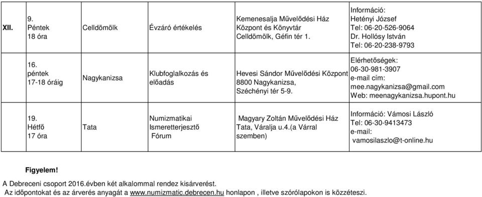 06-30-981-3907 e-mail cím: mee.nagykanizsa@gmail.com 19. Hétfő Ismeretterjesztő Fórum, Váralja u.4.