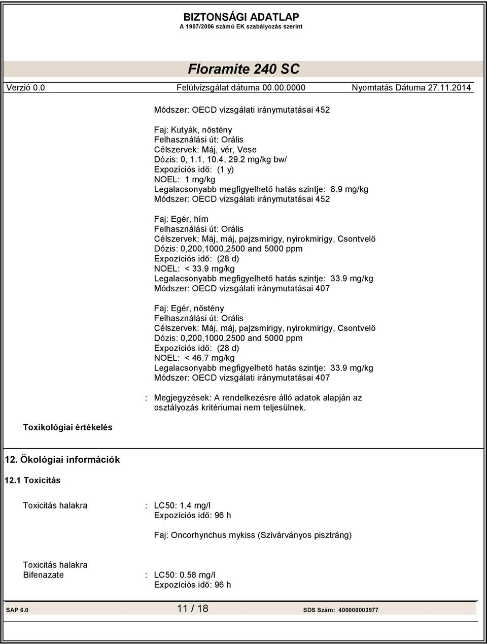 9 mg/kg Módszer OECD vizsgálati iránymutatásai 407 Faj Egér, Felhasználási út Orális Célszervek Máj, má Dózis 0,200,1000,2500 and 5000 ppm (28 d) NOEL < 46.7 mg/kg 33.