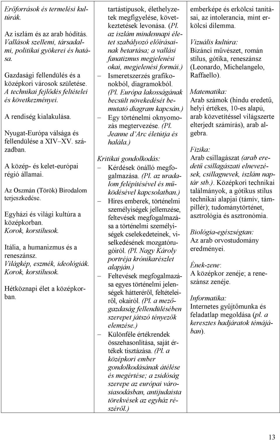 Az Oszmán (Török) Birodalom terjeszkedése. Egyházi és világi kultúra a középkorban. Korok, korstílusok. Itália, a humanizmus és a reneszánsz. Világkép, eszmék, ideológiák. Korok, korstílusok. Hétköznapi élet a középkorban.