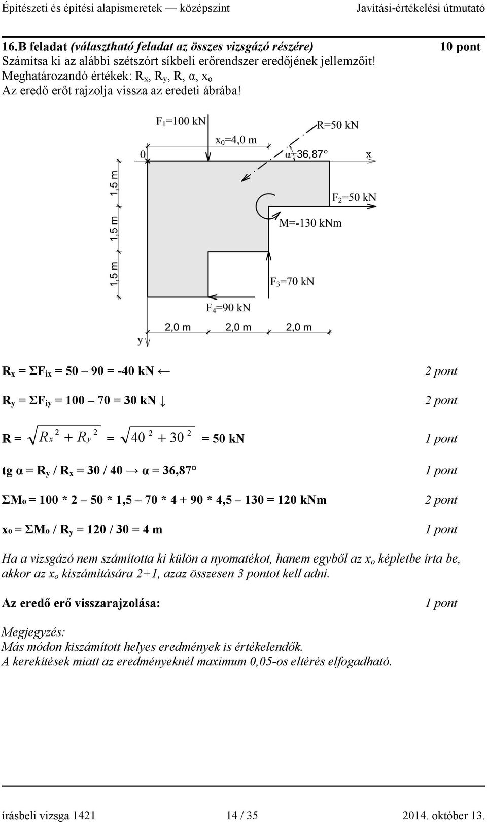 R x = ΣF ix = 50 90 = -40 kn R y = ΣF iy = 100 70 = 30 kn R = 2 2 R x + Ry = 2 2 40 + 30 = 50 kn tg α = R y / R x = 30 / 40 α = 36,87 ΣMo = 100 * 2 50 * 1,5 70 * 4 + 90 * 4,5 130 = 120 knm xo = ΣMo /