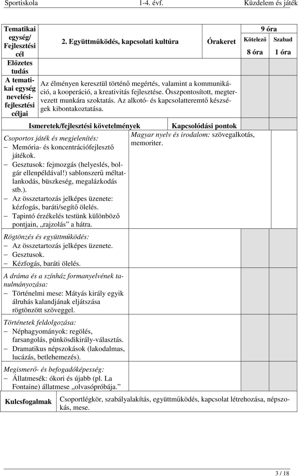 Memória- és koncentrációfejlesztő játékok. Gesztusok: fejmozgás (helyeslés, bolgár ellenpéldával!) sablonszerű méltatlankodás, büszkeség, megalázkodás stb.). Az összetartozás jelképes üzenete: kézfogás, baráti/segítő ölelés.