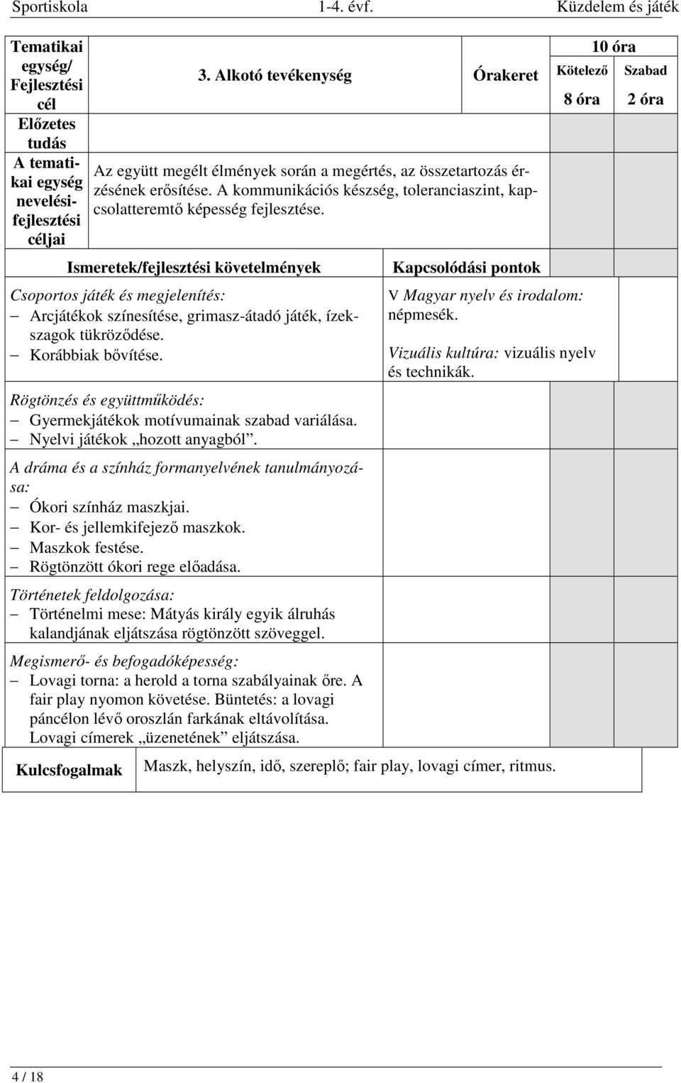 Kor- és jellemkifejező maszkok. Maszkok festése. Rögtönzött ókori rege előadása. Történelmi mese: Mátyás király egyik álruhás kalandjának eljátszása rögtönzött szöveggel.