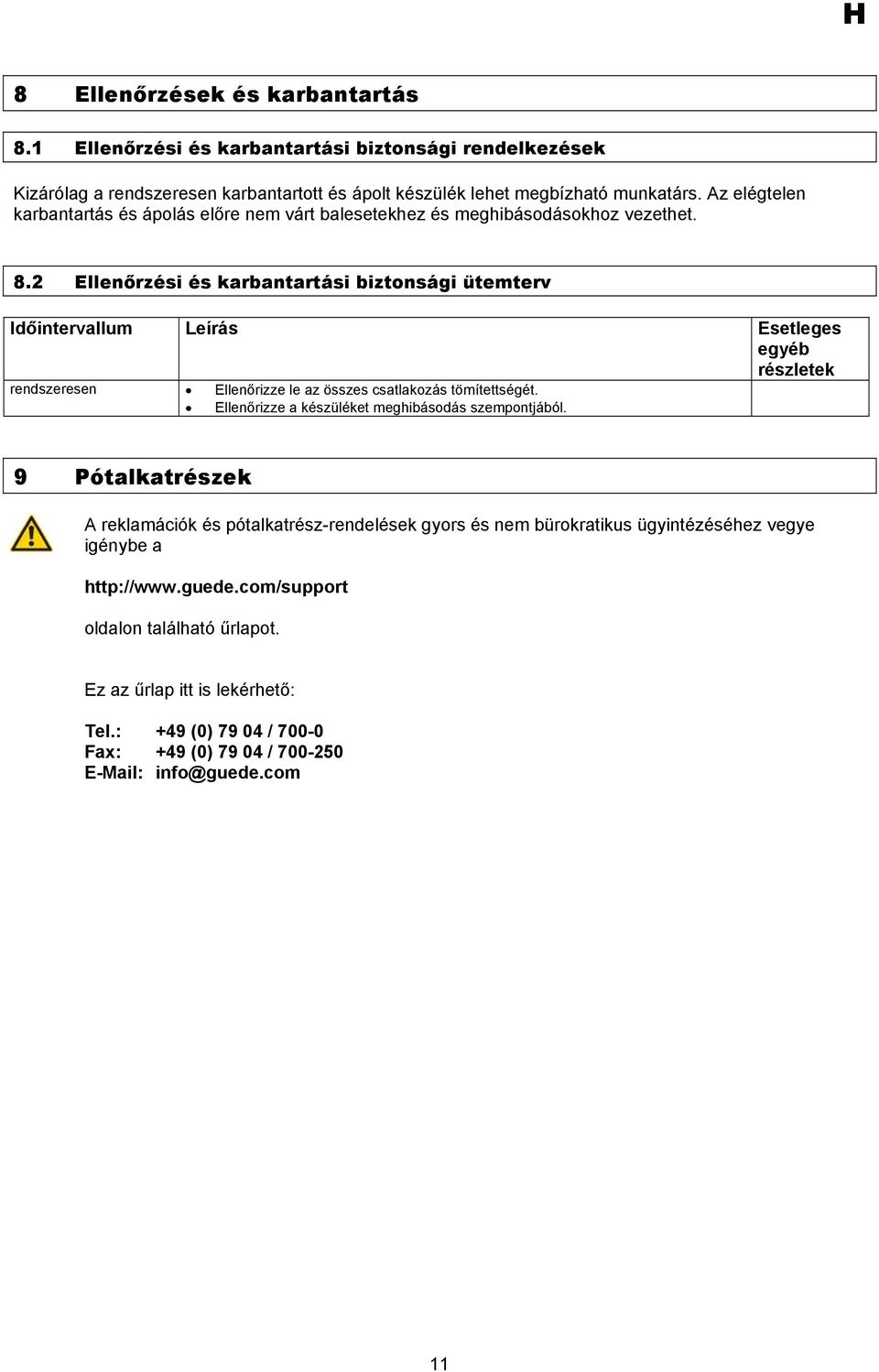 2 Ellenőrzési és karbantartási biztonsági ütemterv Időintervallum Leírás Esetleges egyéb részletek rendszeresen Ellenőrizze le az összes csatlakozás tömítettségét.