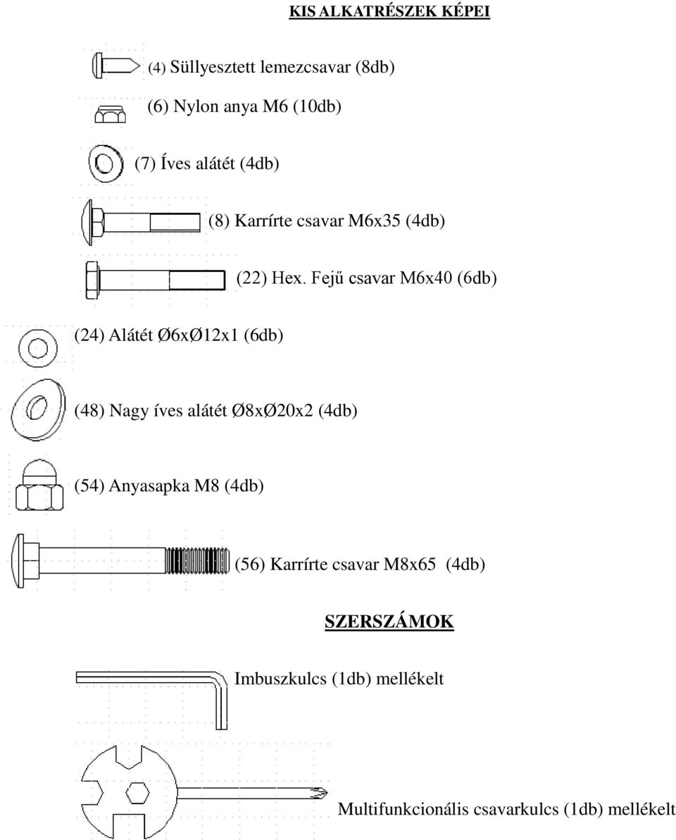 Fejű csavar M6x40 (6db) (24) Alátét Ø6xØ12x1 (6db) (48) Nagy íves alátét Ø8xØ20x2 (4db) (54)