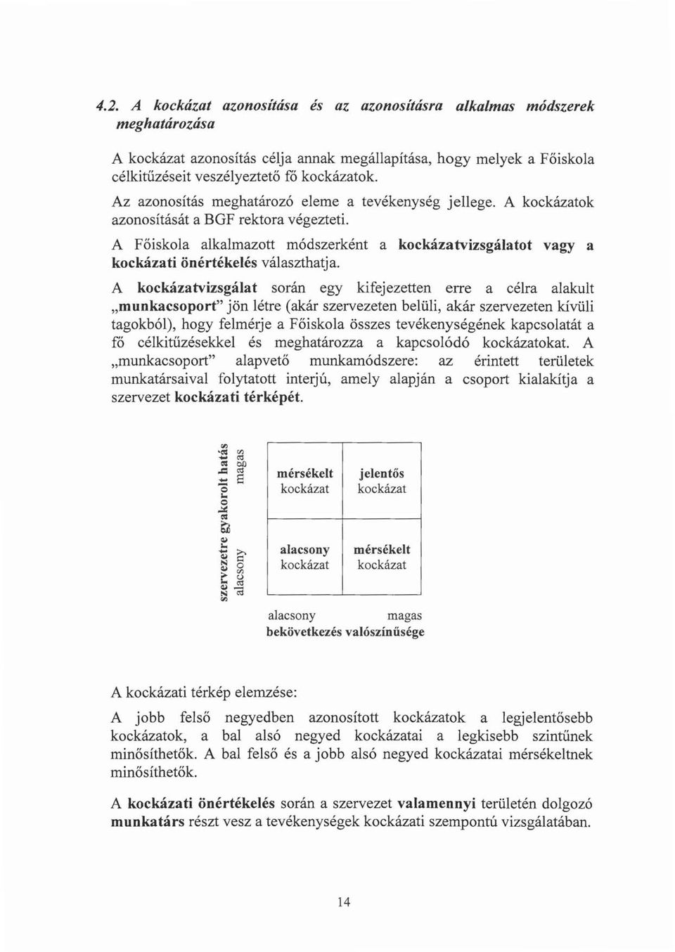 A Főiskola alkalmazott módszerként a kockázatvizsgálatot vagy a kockázati önértékelés választhatja.