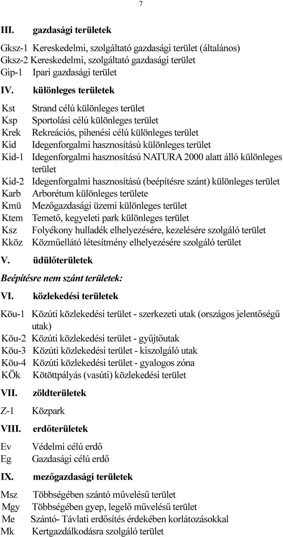 Kid-1 Idegenforgalmi hasznosítású NATURA 2000 alatt álló különleges terület Kid-2 Idegenforgalmi hasznosítású (beépítésre szánt) különleges terület Karb Arborétum különleges területe Kmü