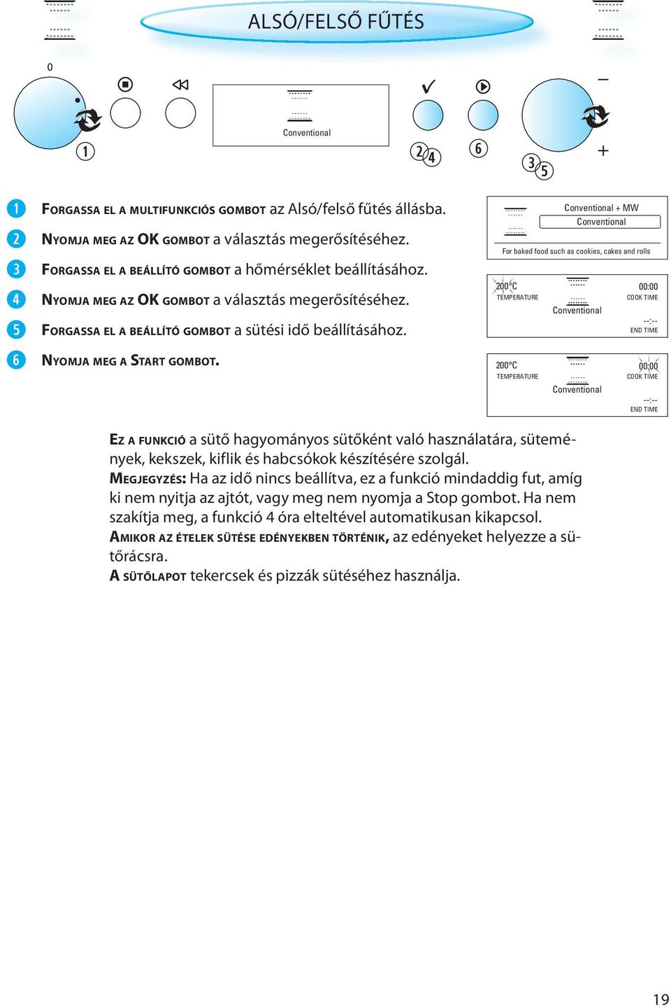 Conventional Conventional + MW Conventional For baked food such as cookies, cakes and rolls 200 C TEMPERATURE 200 C TEMPERATURE Conventional Conventional 00:00 --:-- 00:00 --:-- EZ A FUNKCIÓ a sütő