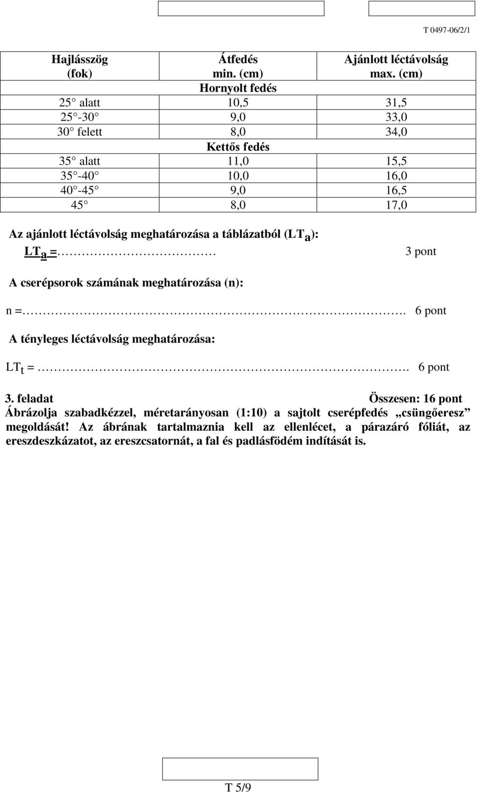 léctávolság meghatározása a táblázatból (LT a ): LT a = 3 pont A cserépsorok számának meghatározása (n): n =. 6 pont A tényleges léctávolság meghatározása: LT t =.