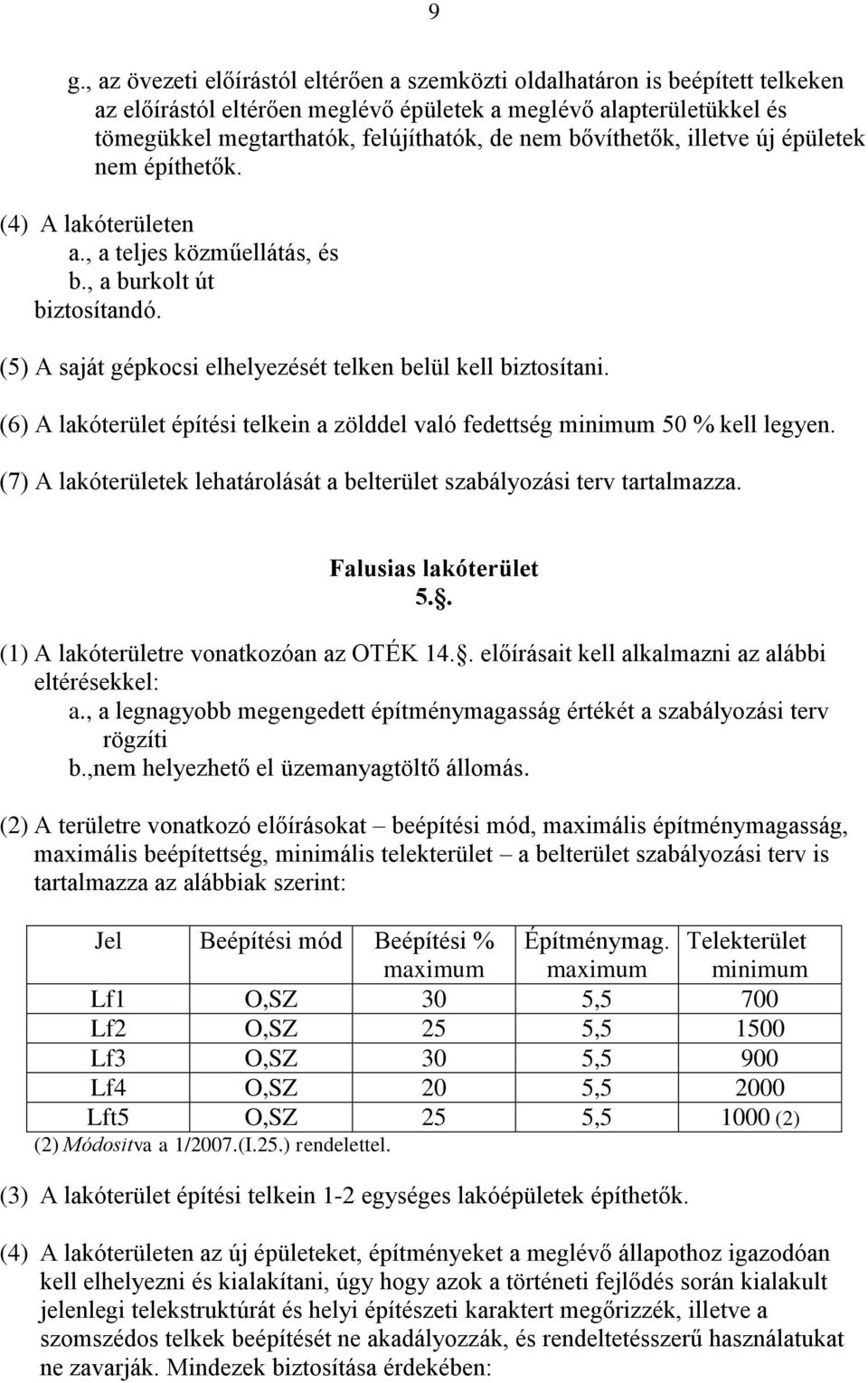 (6) A lakóterület építési telkein a zölddel való fedettség minimum 50 % kell legyen. (7) A lakóterületek lehatárolását a belterület szabályozási terv tartalmazza. Falusias lakóterület 5.