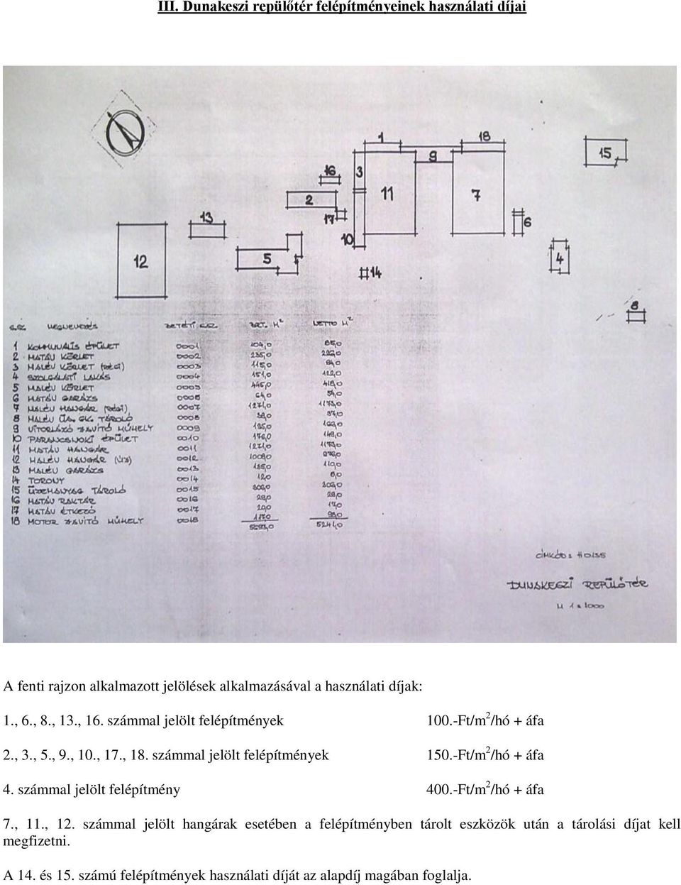 -Ft/m 2 /hó + áfa 4. számmal jelölt felépítmény 400.-Ft/m 2 /hó + áfa 7., 11., 12.