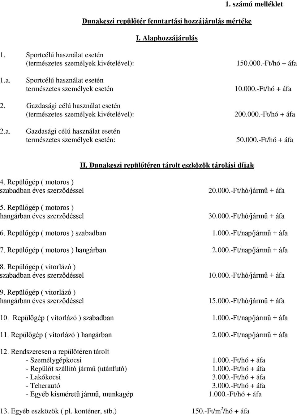 Dunakeszi repülőtéren tárolt eszközök tárolási díjak 4. Repülőgép ( motoros ) szabadban éves szerződéssel 5. Repülőgép ( motoros ) hangárban éves szerződéssel 20.000.-Ft/hó/jármű + áfa 30.000.-Ft/hó/jármű + áfa 6.