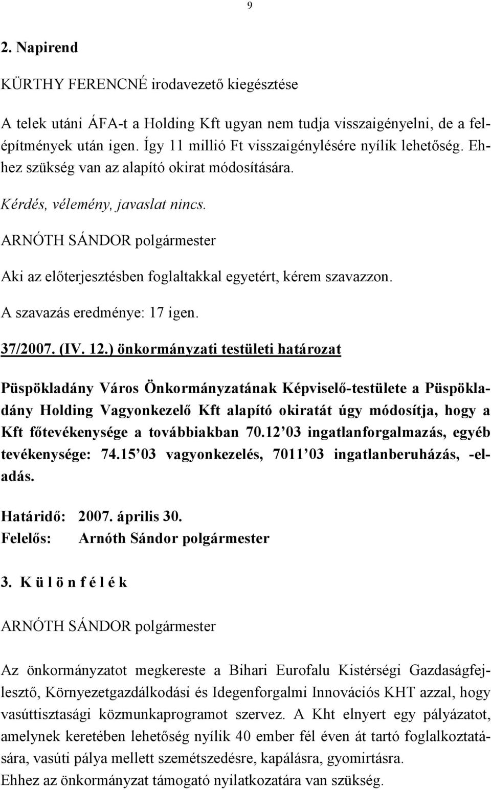 A szavazás eredménye: 17 igen. 37/2007. (IV. 12.