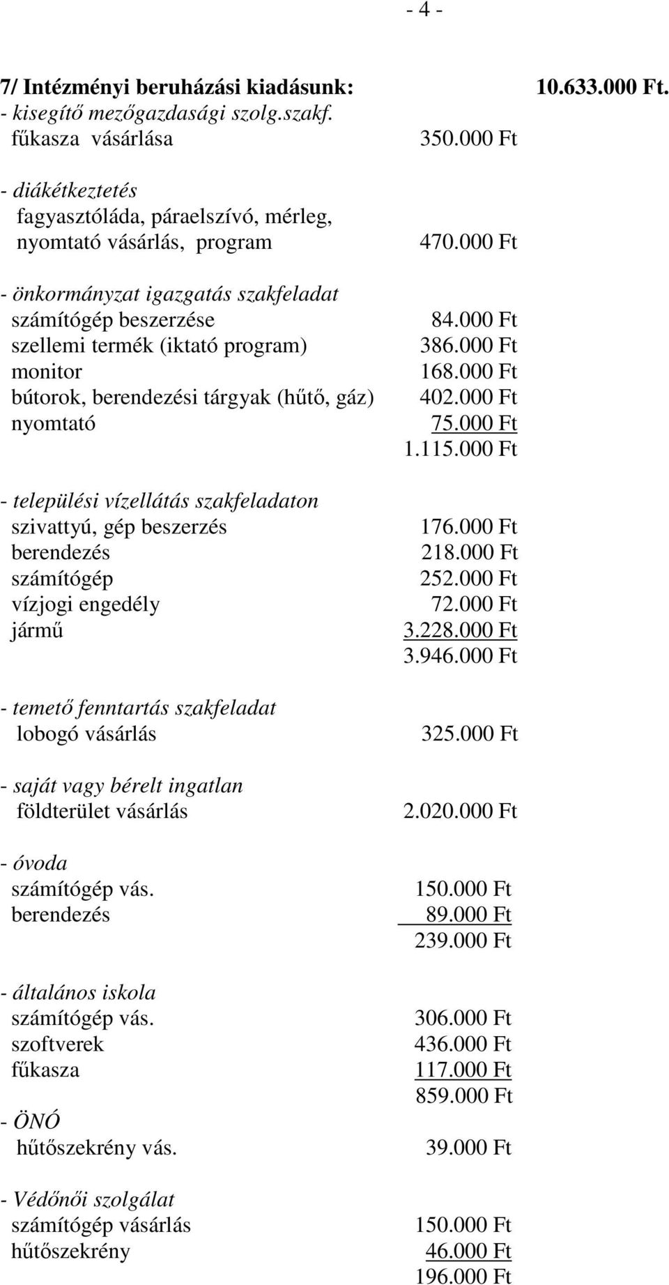 berendezési tárgyak (hőtı, gáz) nyomtató - települési vízellátás szakfeladaton szivattyú, gép beszerzés berendezés számítógép vízjogi engedély jármő - temetı fenntartás szakfeladat lobogó vásárlás -