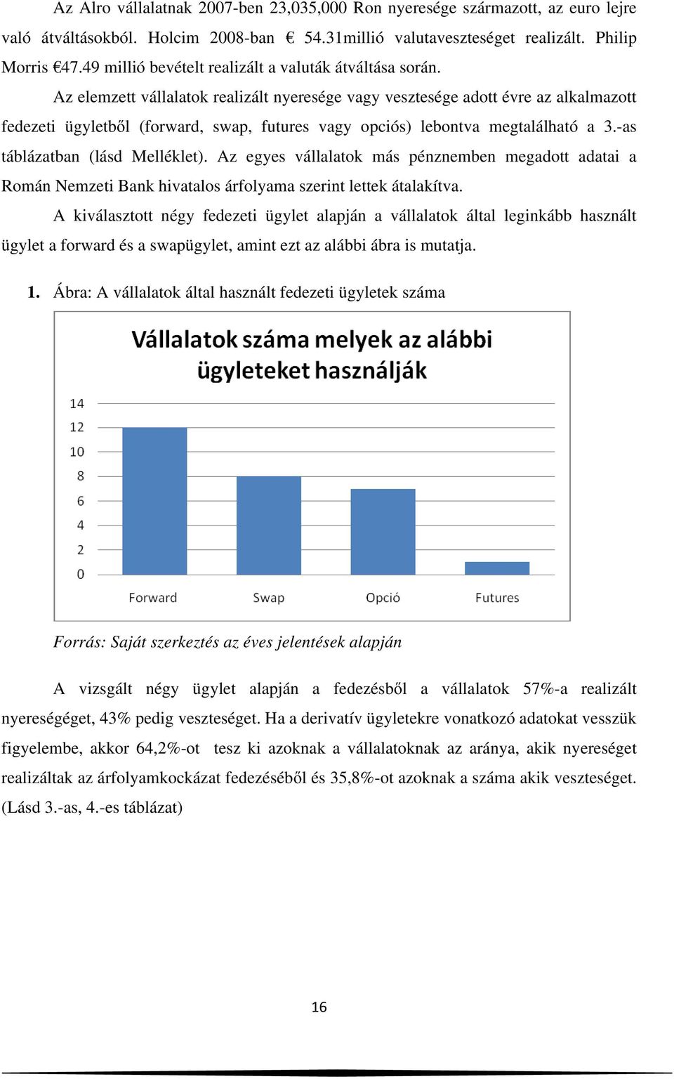 Az elemzett vállalatok realizált nyeresége vagy vesztesége adott évre az alkalmazott fedezeti ügyletből (forward, swap, futures vagy opciós) lebontva megtalálható a 3.-as táblázatban (lásd Melléklet).