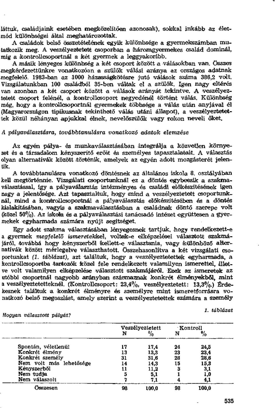 összes megkérdezettünkre vonatkozóan a szülők válási aránya az országos adatnak megfelelő. 1983^ban az 1000 házasságkötésre jutó válások száma 386,2 volt.