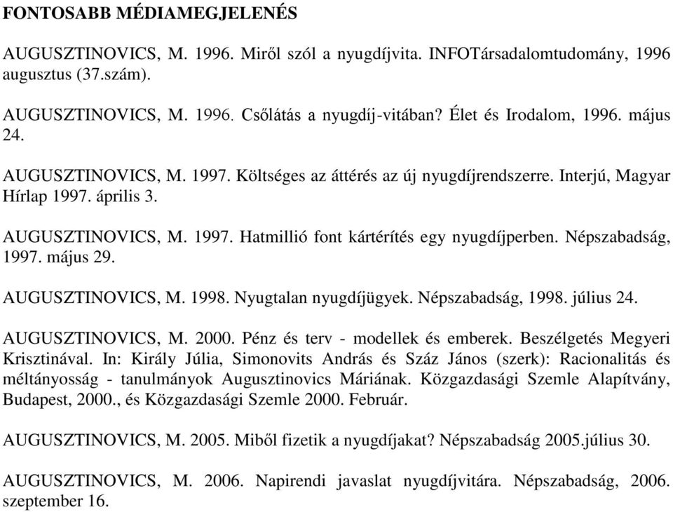 Népszabadság, 1997. május 29. AUGUSZTINOVICS, M. 1998. Nyugtalan nyugdíjügyek. Népszabadság, 1998. július 24. AUGUSZTINOVICS, M. 2000. Pénz és terv - modellek és emberek.