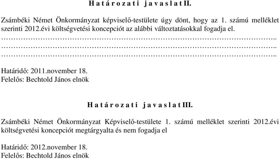 november 18. H a t á r o z a t i j a v a s l a t III. Zsámbéki Német Önkormányzat Képviselı-testülete 1.