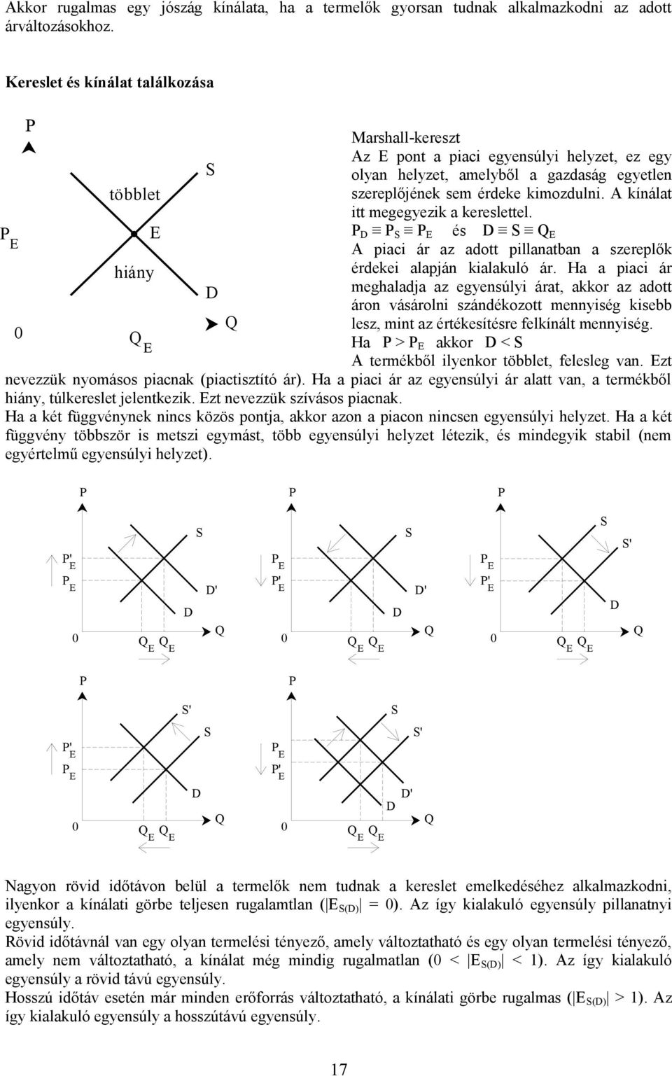 A kínálat itt megegyezik a kereslettel. P D P S P E és D S E A piaci ár az adott pillanatban a szereplők érdekei alapján kialakuló ár.