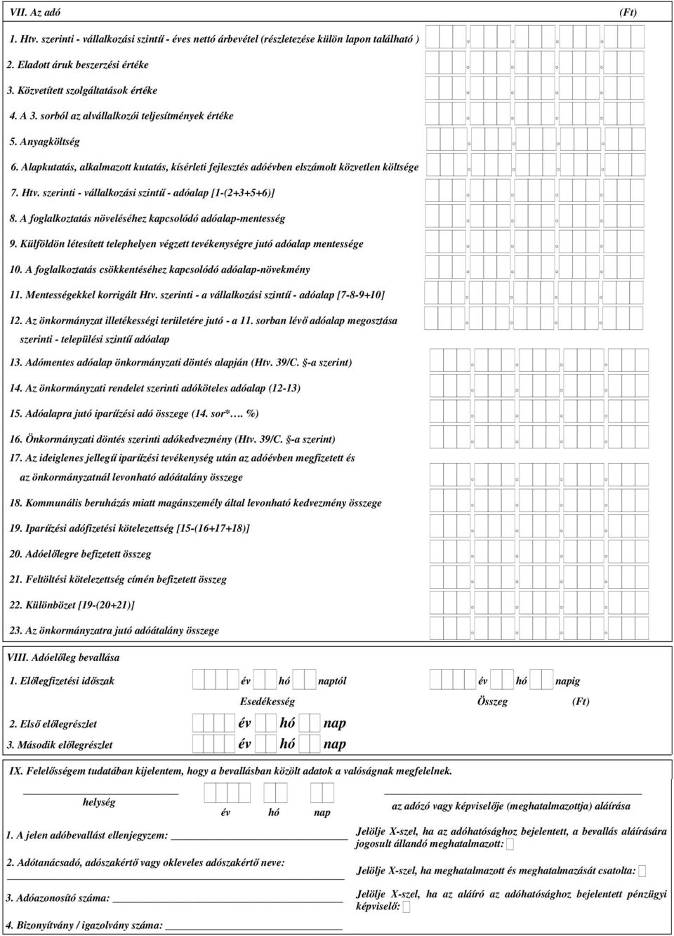 szerinti - vállalkozási szintű - adóalap [1-(2+3+5+6)] 8. A foglalkoztatás növeléséhez kapcsolódó adóalap-mentesség 9.