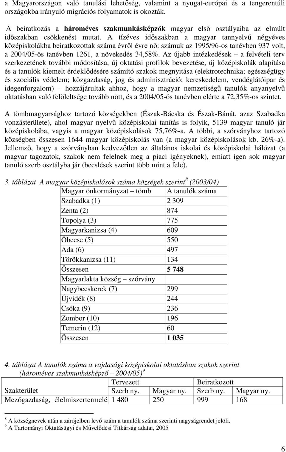 A tízéves idıszakban a magyar tannyelvő négyéves középiskolákba beiratkozottak száma évrıl évre nı: számuk az 1995/96-os tanévben 937 volt, a 2004/05-ös tanévben 1261, a növekedés 34,58%.