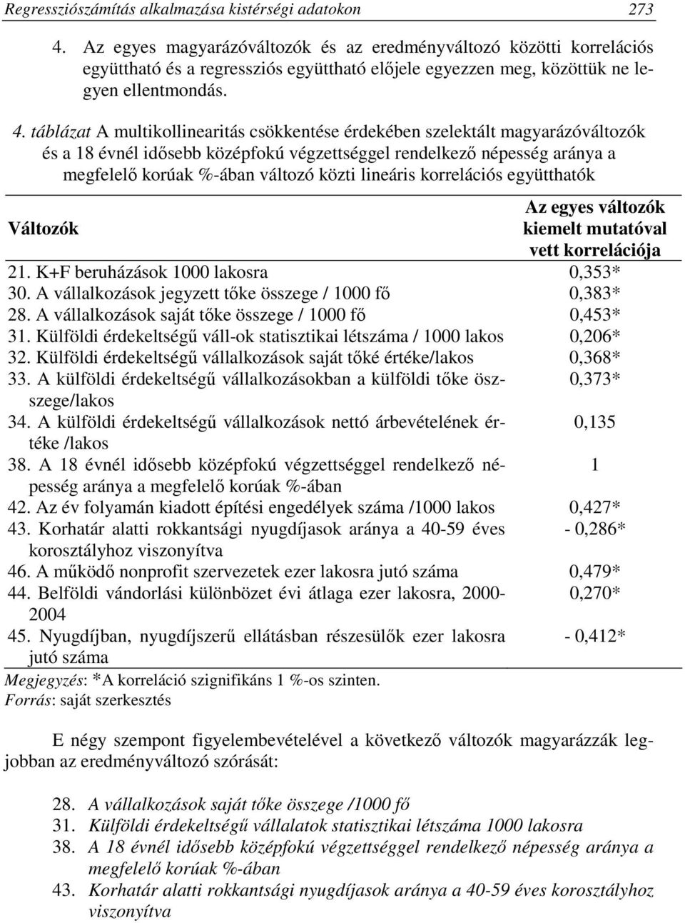 táblázat A multikollinearitás csökkentése érdekében szelektált magyarázóváltozók és a 18 évnél idısebb középfokú végzettséggel rendelkezı népesség aránya a megfelelı korúak %-ában változó közti