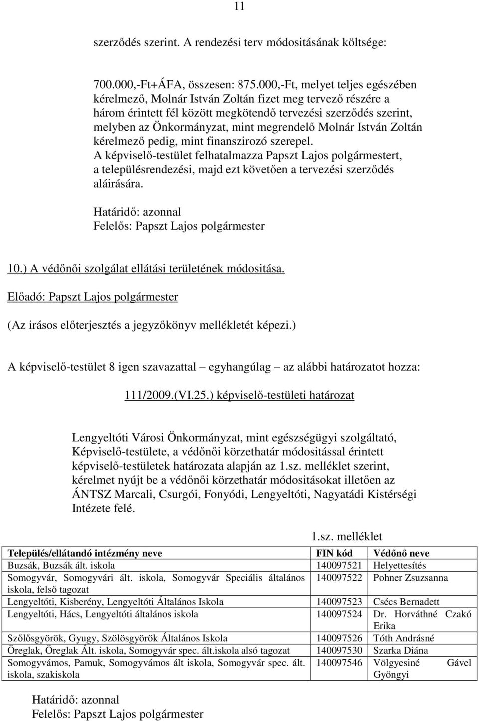 Molnár István Zoltán kérelmező pedig, mint finanszirozó szerepel. A képviselő-testület felhatalmazza t, a településrendezési, majd ezt követően a tervezési szerződés aláirására. 10.