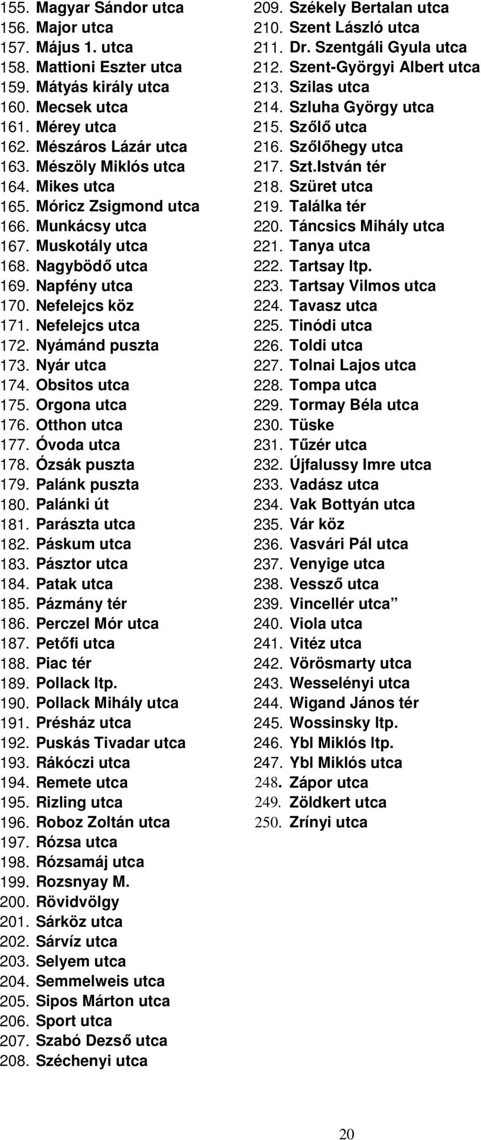 Obsitos utca 175. Orgona utca 176. Otthon utca 177. Óvoda utca 178. Ózsák puszta 179. Palánk puszta 180. Palánki út 181. Parászta utca 182. Páskum utca 183. Pásztor utca 184. Patak utca 185.