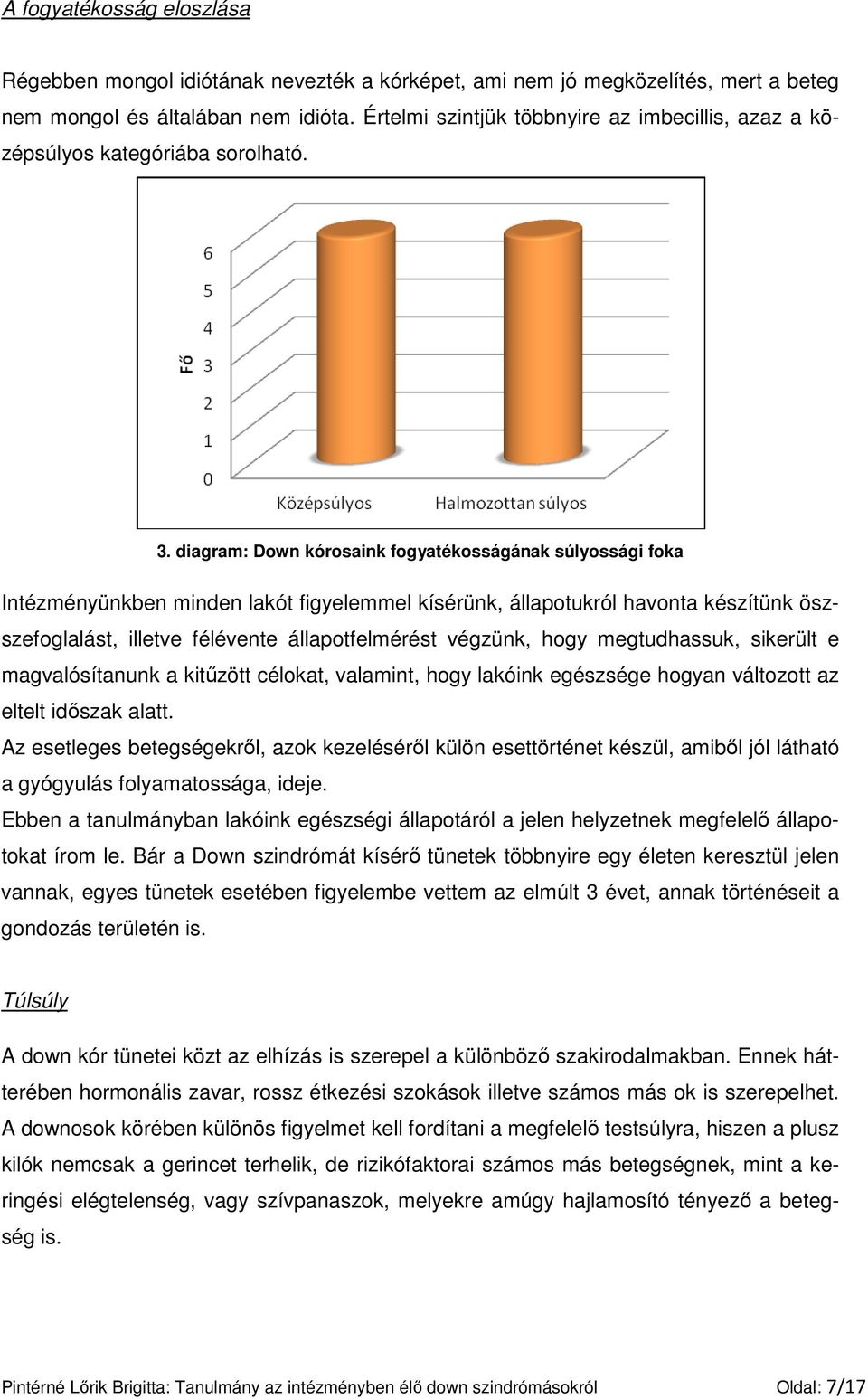 diagram: Down kórosaink fogyatékosságának súlyossági foka Intézményünkben minden lakót figyelemmel kísérünk, állapotukról havonta készítünk öszszefoglalást, illetve félévente állapotfelmérést