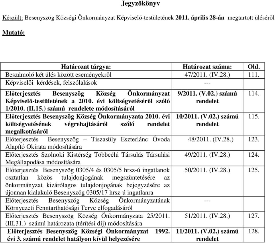 évi költségvetéséről szóló 1/2010. (II.15.) számú rendelete módosításáról Előterjesztés Besenyszög Község Önkormányzata 2010.