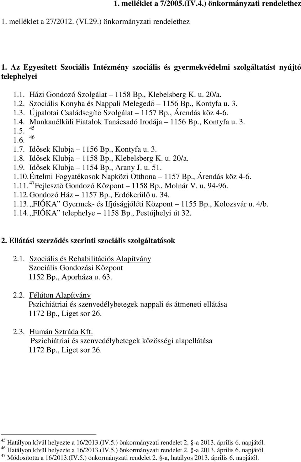 6. 1.4. Munkanélküli Fiatalok Tanácsadó Irodája 1156 Bp., Kontyfa u. 3. 1.5. 45 1.6. 46 1.7. Idősek Klubja 1156 Bp., Kontyfa u. 3. 1.8. Idősek Klubja 1158 Bp., Klebelsberg K. u. 20/a. 1.9.